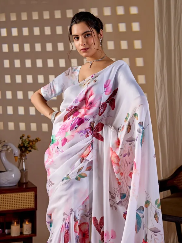 White_Satin_Georgette_Floral_Printed_Saree_For_Women
