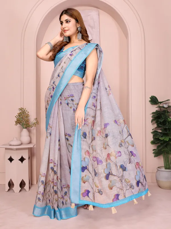 Elegant_Linen_Cotton_Saree_with_Floral_Print