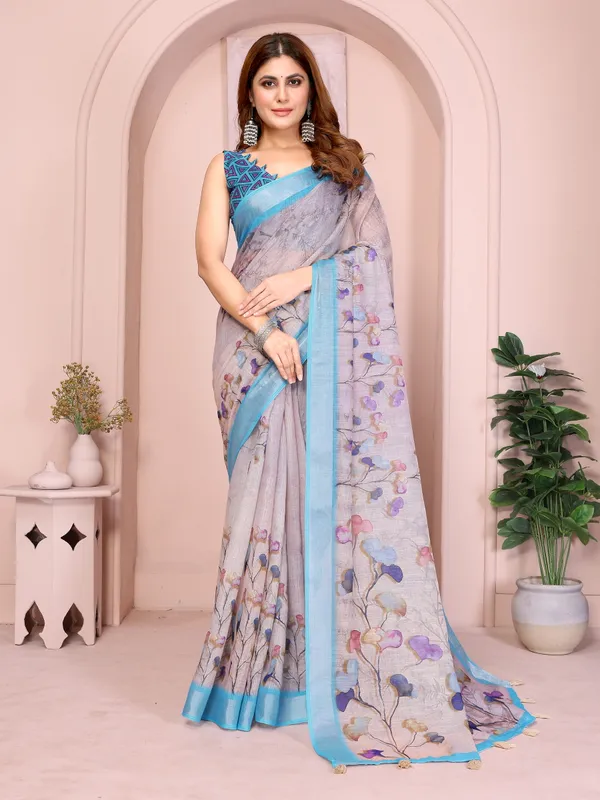 Elegant_Linen_Cotton_Saree_with_Floral_Print