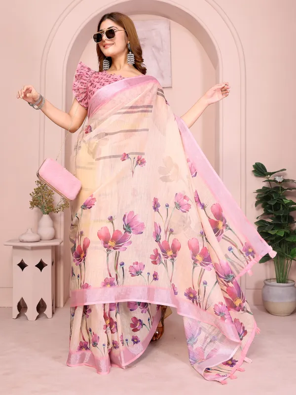 Elegant_Linen_Cotton_Saree_with_Blooming_Floral_Design