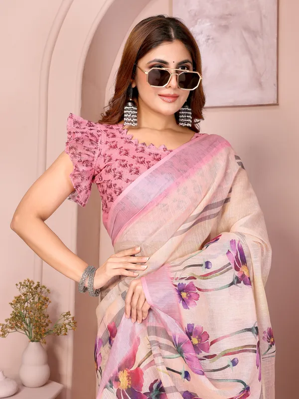Elegant_Linen_Cotton_Saree_with_Blooming_Floral_Design