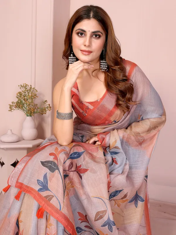 Elegant_Linen_Cotton_Saree_with_Subtle_Leaf_Motifs