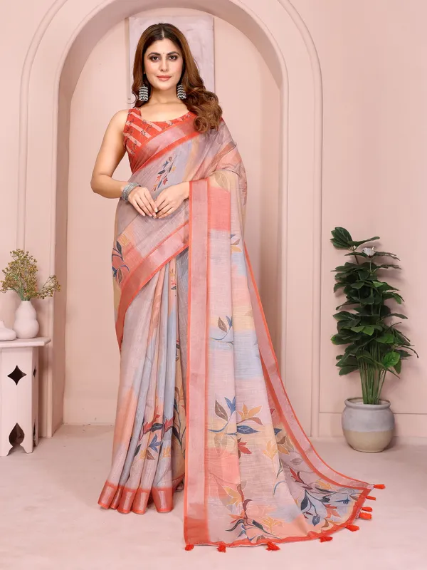 Elegant_Linen_Cotton_Saree_with_Subtle_Leaf_Motifs
