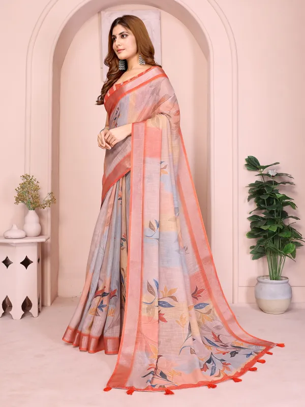 Elegant_Linen_Cotton_Saree_with_Subtle_Leaf_Motifs