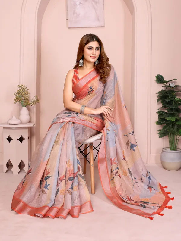 Elegant_Linen_Cotton_Saree_with_Subtle_Leaf_Motifs