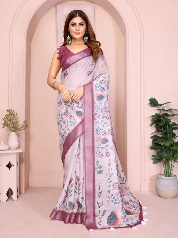 Elegant_Linen_Cotton_Saree_with_Floral_Motifs