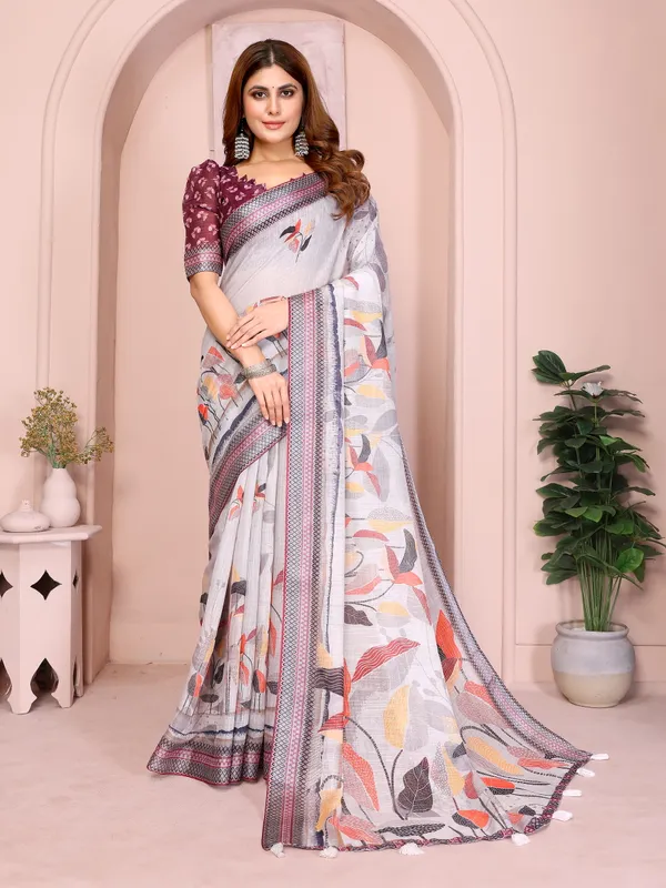 Elegant_Linen_Cotton_Saree_with_Autumn_Leaf_Print