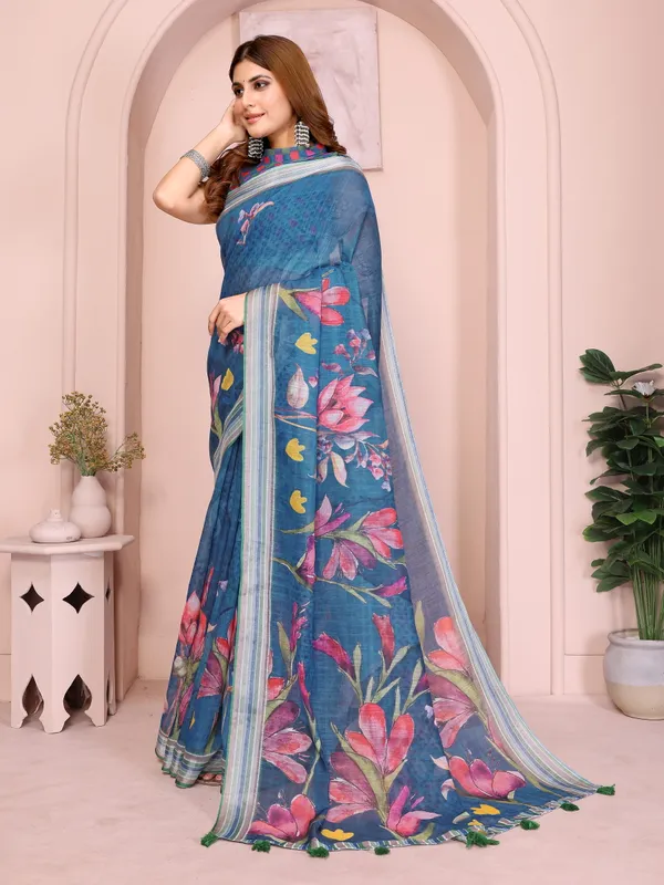 Elegant_Linen_Cotton_Saree_with_Vibrant_Floral_Print
