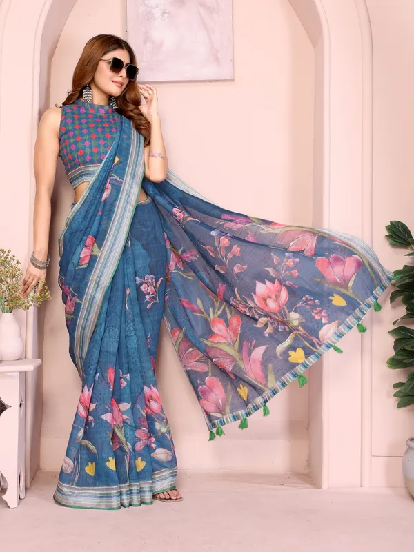 Elegant_Linen_Cotton_Saree_with_Vibrant_Floral_Print
