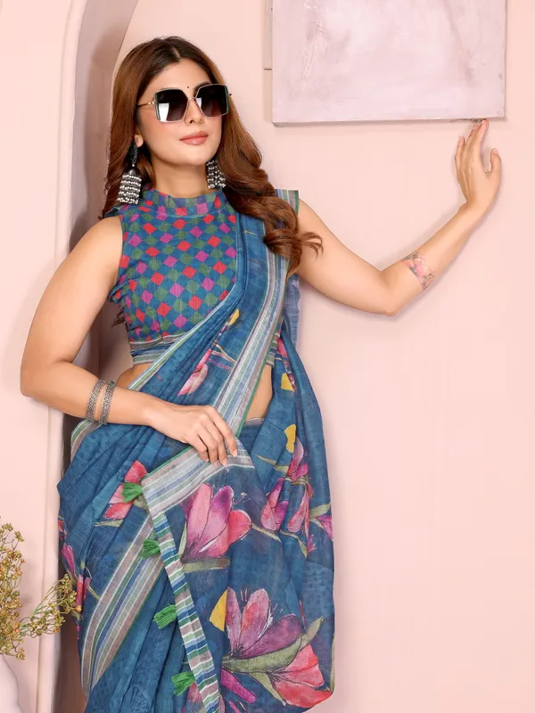 Elegant_Linen_Cotton_Saree_with_Vibrant_Floral_Print