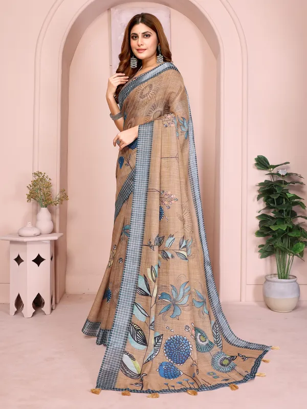 Elegant_Linen_Cotton_Saree_with_Blue_Floral_Accents
