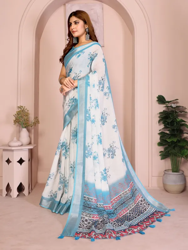 White_and_Sky_Blue_Linen_Cotton_Saree_with_Artistic_Pallu