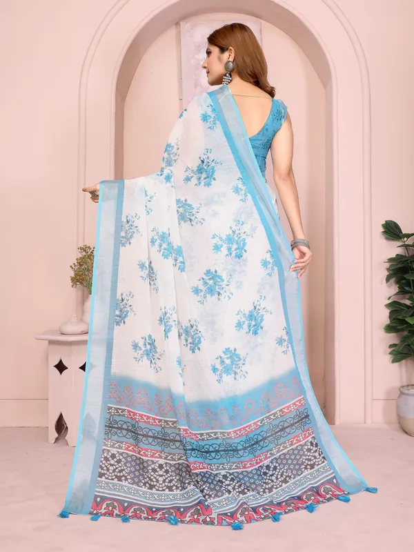 White_and_Sky_Blue_Linen_Cotton_Saree_with_Artistic_Pallu