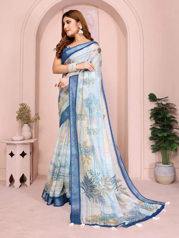 Pastel_Blue_Linen_Cotton_Saree_with_Tropical_Leaf_Prints
