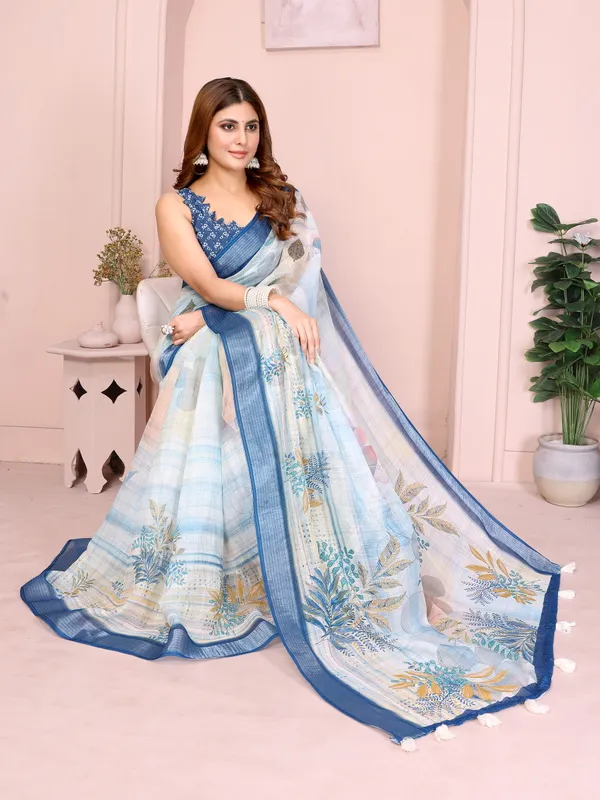 Pastel_Blue_Linen_Cotton_Saree_with_Tropical_Leaf_Prints