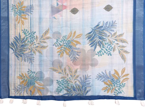 Pastel_Blue_Linen_Cotton_Saree_with_Tropical_Leaf_Prints
