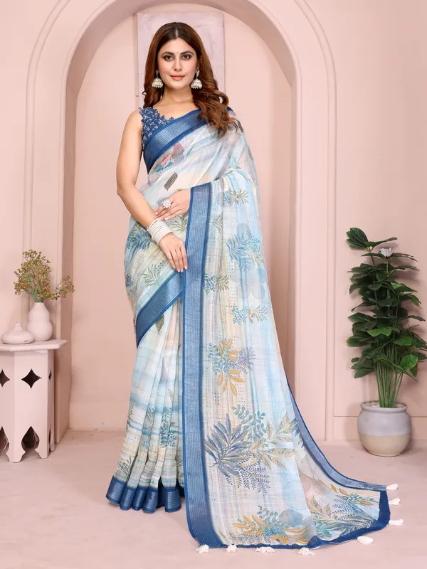 Pastel_Blue_Linen_Cotton_Saree_with_Tropical_Leaf_Prints