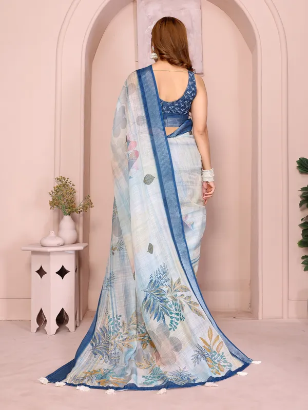 Pastel_Blue_Linen_Cotton_Saree_with_Tropical_Leaf_Prints