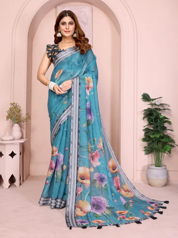 Teal_Linen_Cotton_Saree_with_Multicolor_Floral_Prints