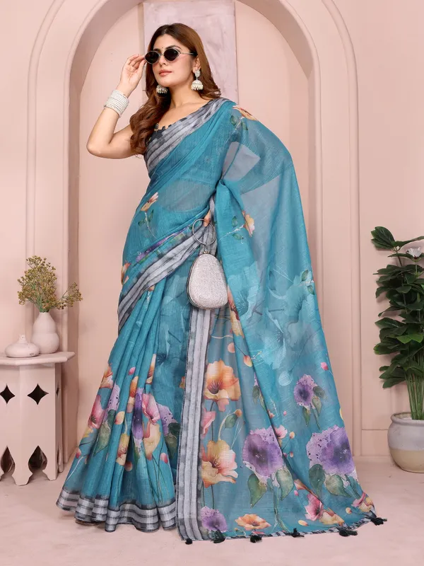 Teal_Linen_Cotton_Saree_with_Multicolor_Floral_Prints