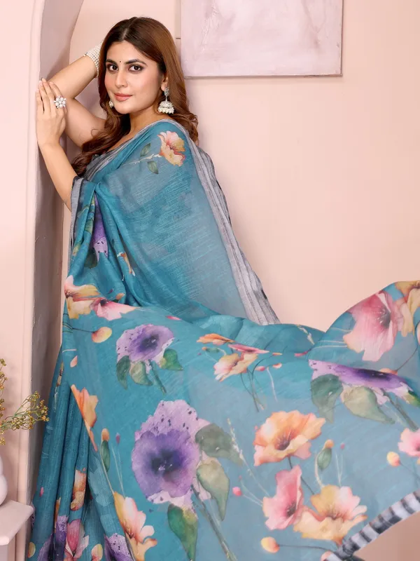 Teal_Linen_Cotton_Saree_with_Multicolor_Floral_Prints
