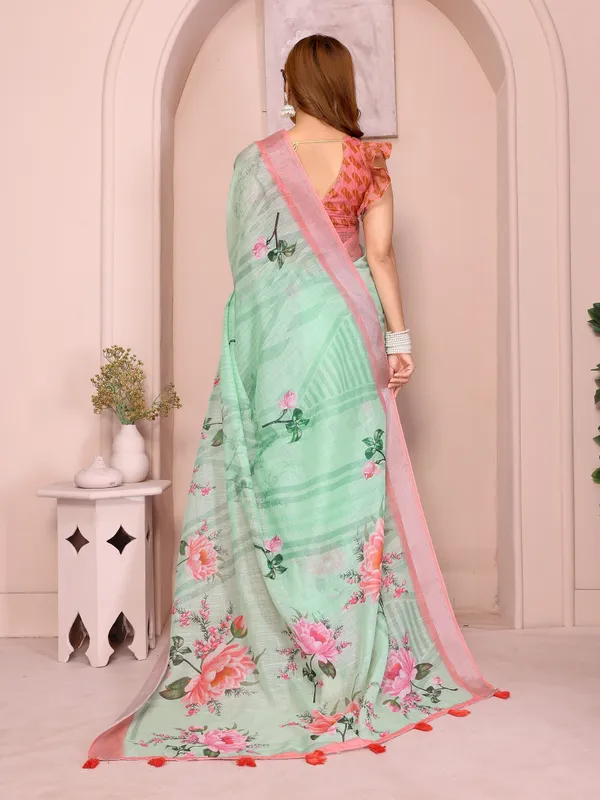 Refreshing_Mint_Green_Linen_Cotton_Saree_with_Pink_Floral_Prints
