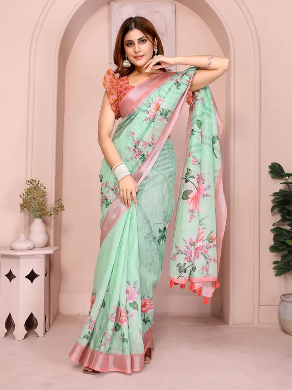 Refreshing_Mint_Green_Linen_Cotton_Saree_with_Pink_Floral_Prints