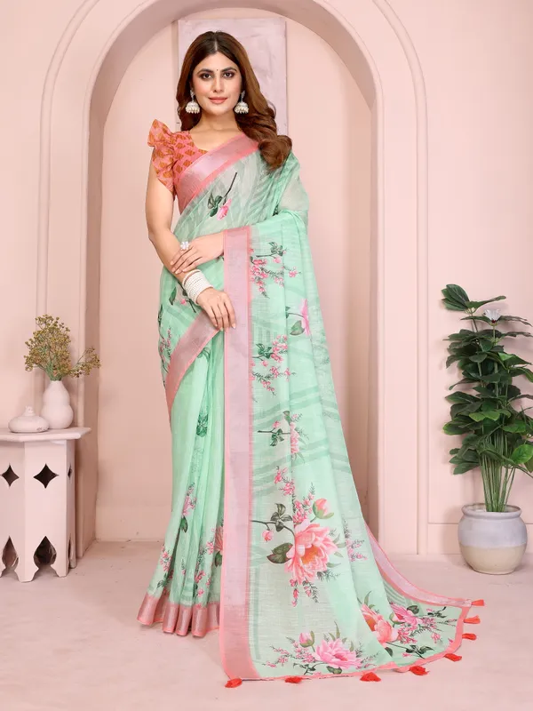 Refreshing_Mint_Green_Linen_Cotton_Saree_with_Pink_Floral_Prints