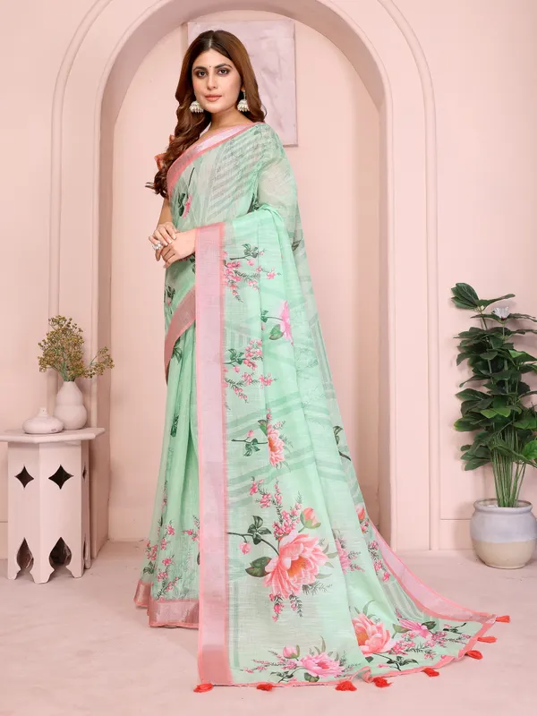 Refreshing_Mint_Green_Linen_Cotton_Saree_with_Pink_Floral_Prints