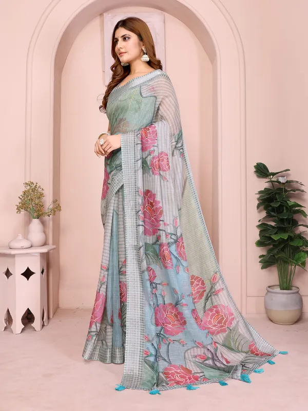Elegant_Grey-Blue_Linen_Cotton_Saree_with_Bold_Floral_Prints
