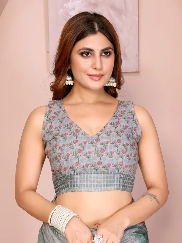 Elegant_Grey-Blue_Linen_Cotton_Saree_with_Bold_Floral_Prints