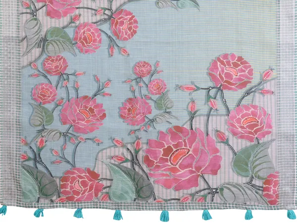 Elegant_Grey-Blue_Linen_Cotton_Saree_with_Bold_Floral_Prints