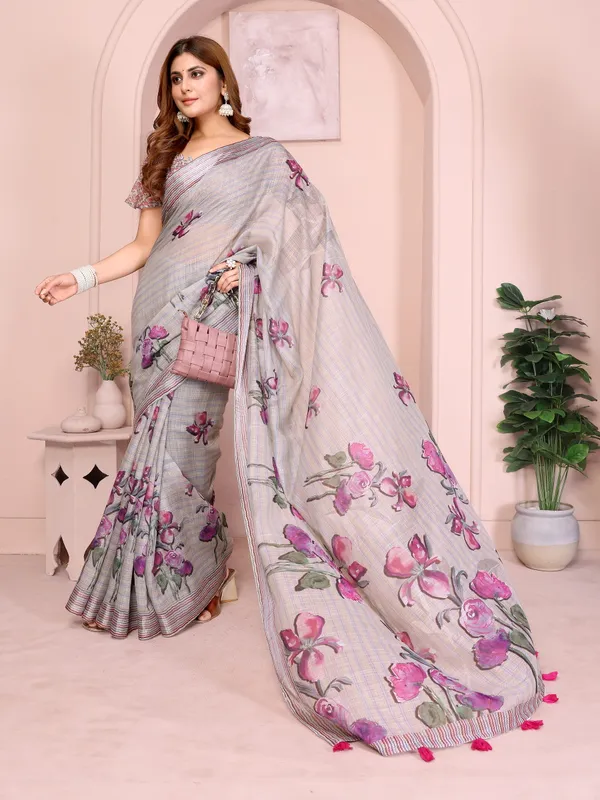 Soft_Grey_Linen_Cotton_Saree_with_Purple_Floral_Prints