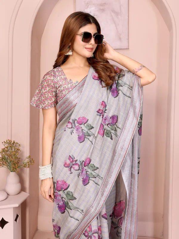 Soft_Grey_Linen_Cotton_Saree_with_Purple_Floral_Prints