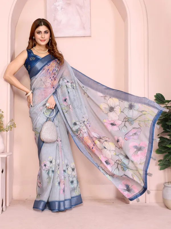 Elegant_Steel_Blue_Linen_Cotton_Saree_with_Pastel_Floral_Prints