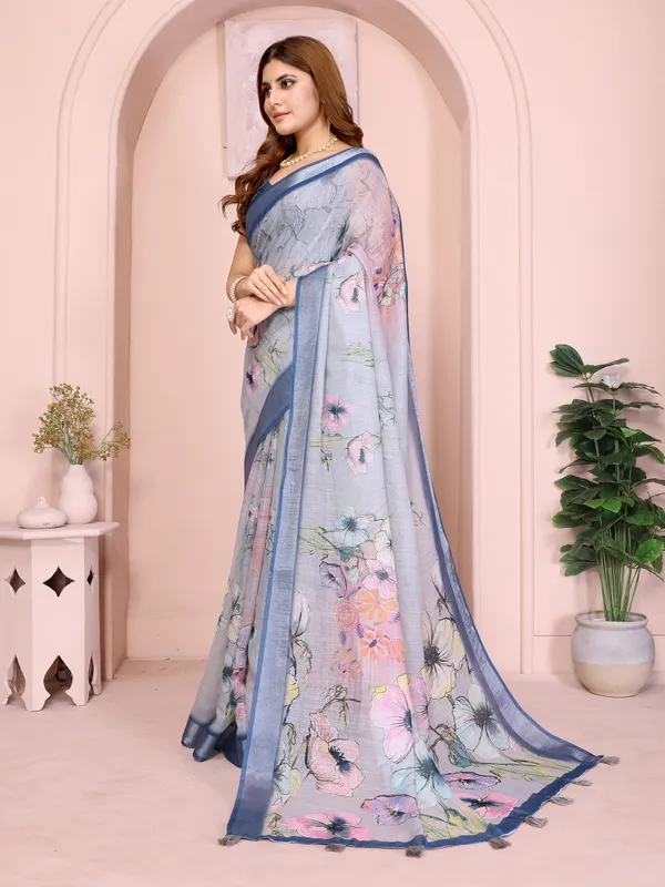Elegant_Steel_Blue_Linen_Cotton_Saree_with_Pastel_Floral_Prints