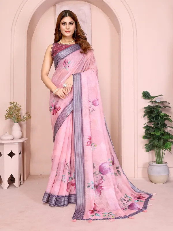Soft_Pink_Linen_Cotton_Saree_with_Elegant_Floral_Prints