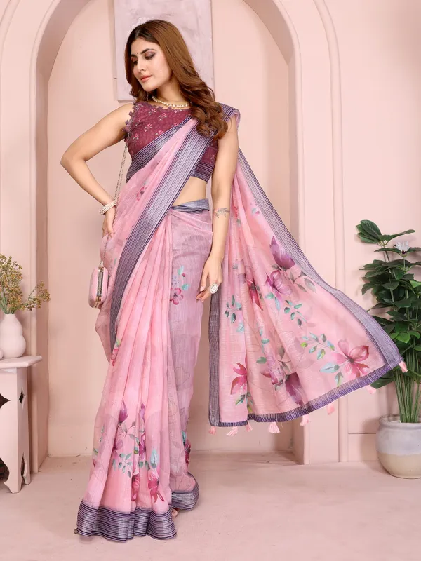 Soft_Pink_Linen_Cotton_Saree_with_Elegant_Floral_Prints
