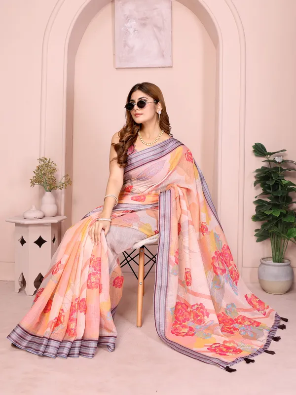 Peach_Linen_Cotton_Saree_with_Bold_Floral_Prints