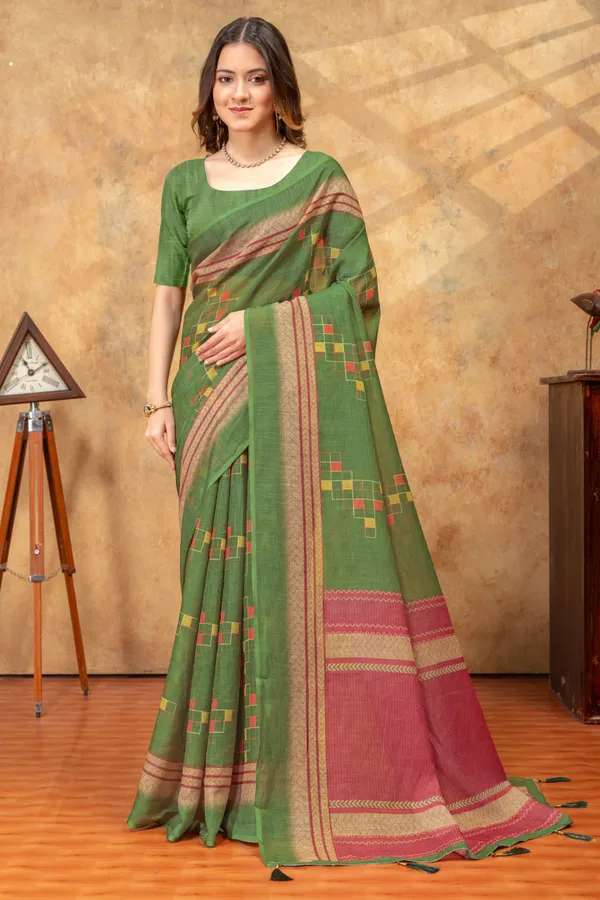 Green_&_Pink_Ethnic_Motif_Printed_Linen_Shimmer_Saree_with_Contrast_Border