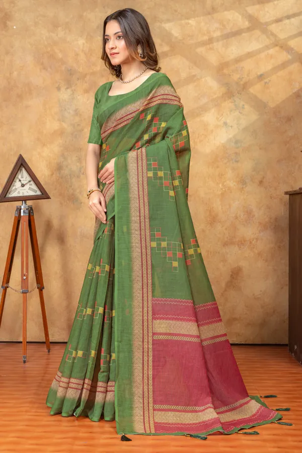 Green_&_Pink_Ethnic_Motif_Printed_Linen_Shimmer_Saree_with_Contrast_Border