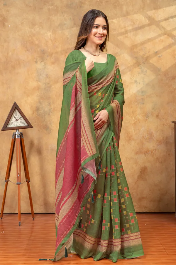 Green_&_Pink_Ethnic_Motif_Printed_Linen_Shimmer_Saree_with_Contrast_Border