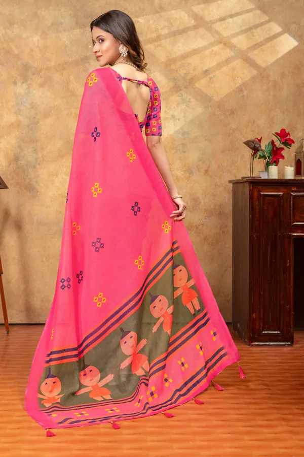 Blue_Floral_Printed_Linen_Shimmer_Saree_with_Contrast_Border
