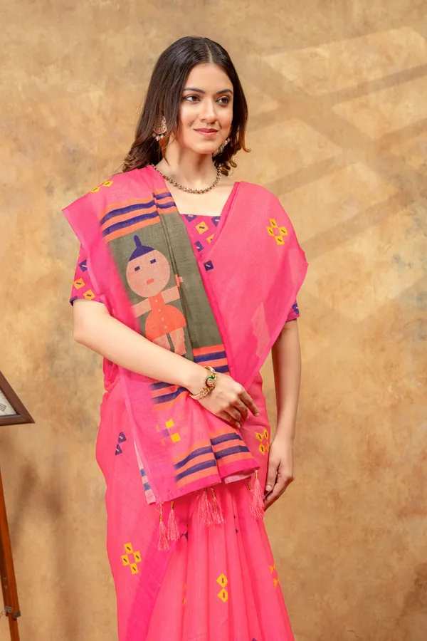 Blue_Floral_Printed_Linen_Shimmer_Saree_with_Contrast_Border