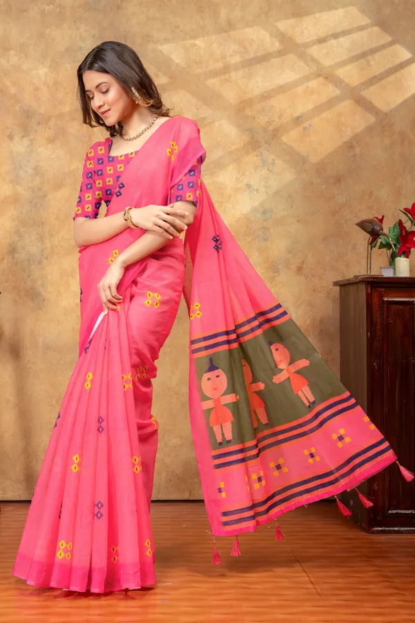Pink_Ethnic_Motif_Printed_Linen_Shimmer_Saree_with_Contrast_Border