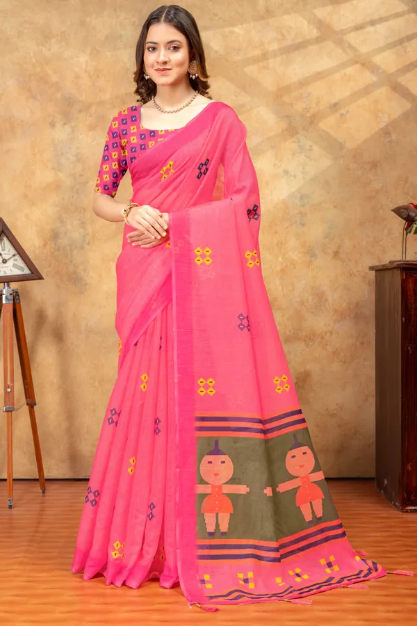 Pink_Ethnic_Motif_Printed_Linen_Shimmer_Saree_with_Contrast_Border