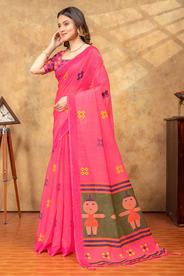 Pink_Ethnic_Motif_Printed_Linen_Shimmer_Saree_with_Contrast_Border