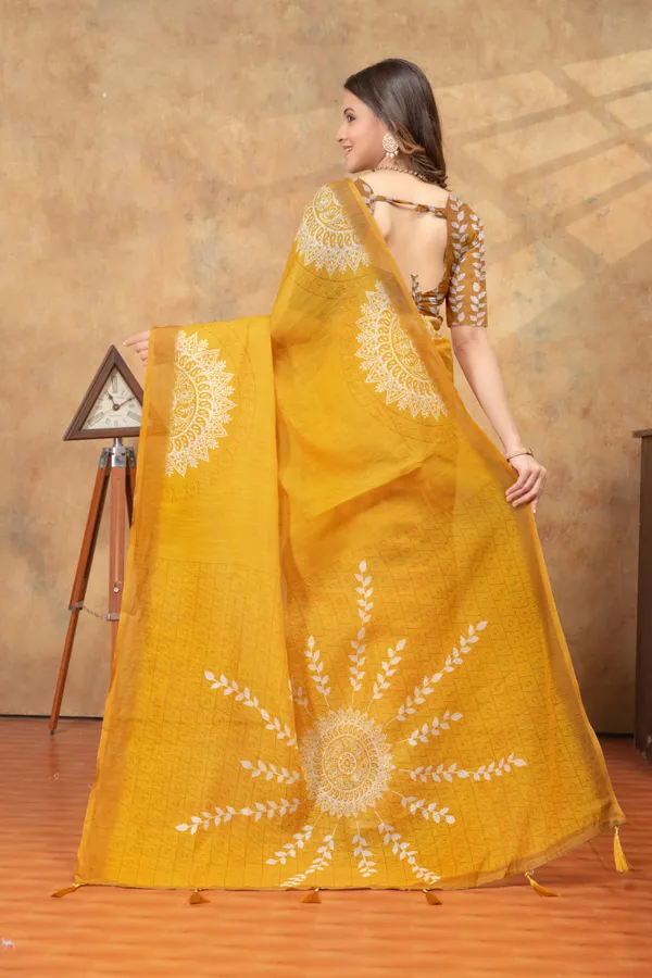 Mustard_Yellow_Ethnic_Motif_Printed_Linen_Shimmer_Saree_with_Tassel_Pallu