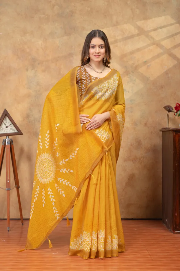 Mustard_Yellow_Ethnic_Motif_Printed_Linen_Shimmer_Saree_with_Tassel_Pallu