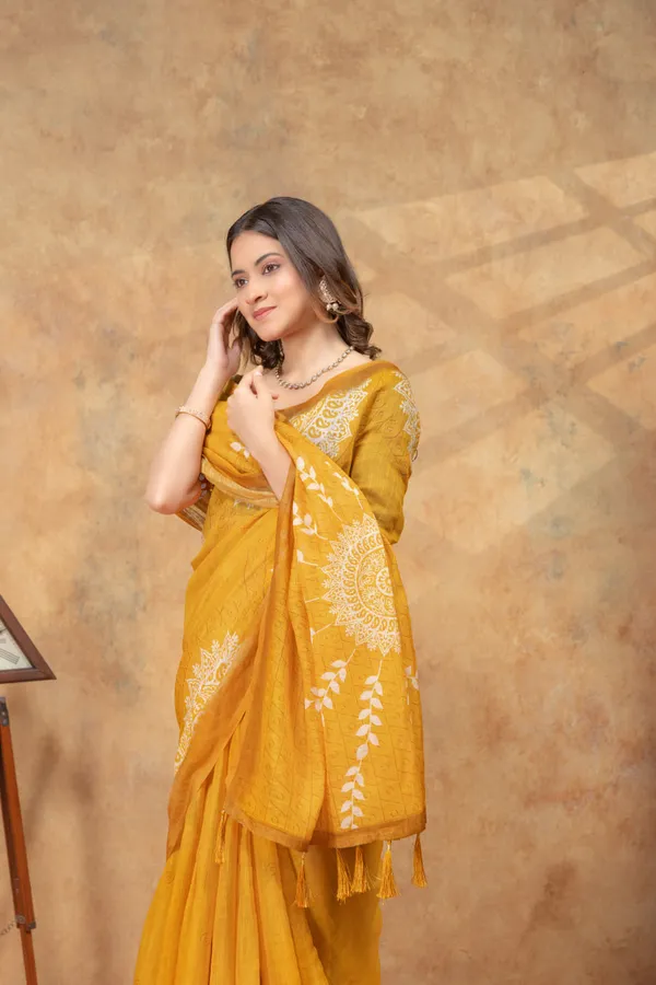 Mustard_Yellow_Ethnic_Motif_Printed_Linen_Shimmer_Saree_with_Tassel_Pallu